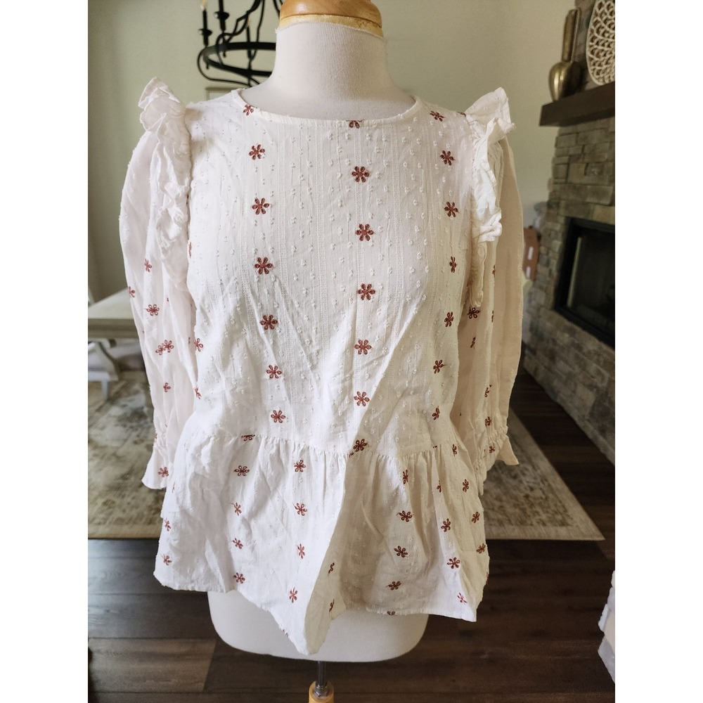 Boho White Floral Embroidered Ruffle Peplum Blouse Small Puff Sleeve